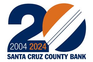Graphic: Large number 20, with Santa Cruz County Bank icon in the zero, with Santa Cruz County Bank written below